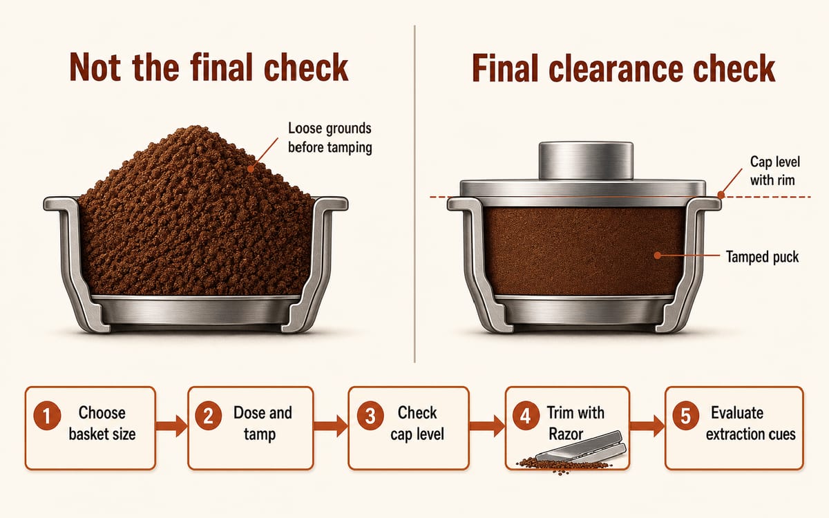 Diagram showing Bambino Plus basket fill checked after tamping and Razor trimming rather than by loose coffee mound height.