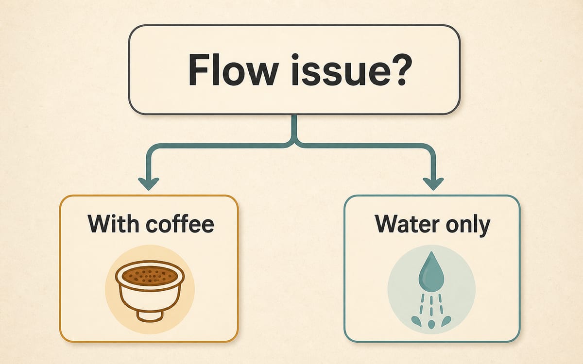 Decision map separating coffee-loaded extraction problems from water-only flow problems on a Breville Bambino Plus.