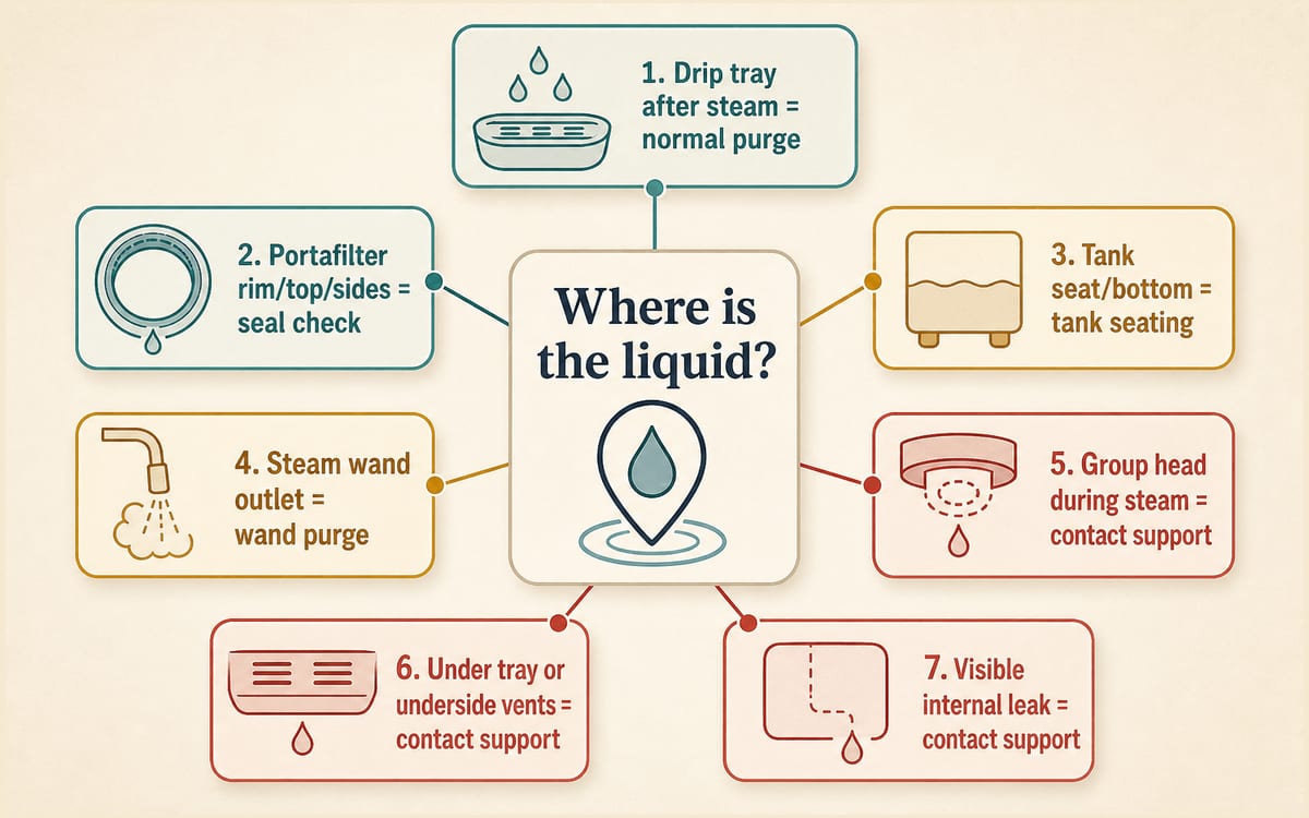 Decision map for Bambino Plus water leaks sorted by exit location and timing.