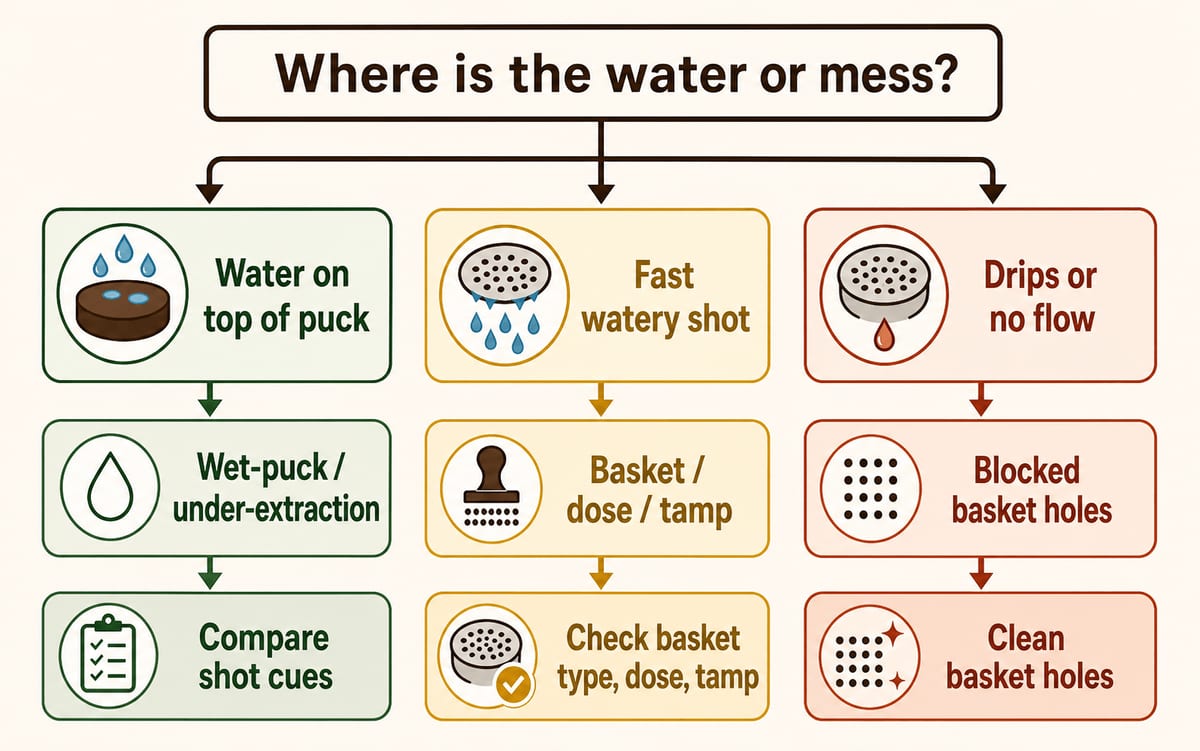 Decision map for diagnosing a wet or muddy Bambino Plus puck by location, shot flow, basket change, and cleaning status.
