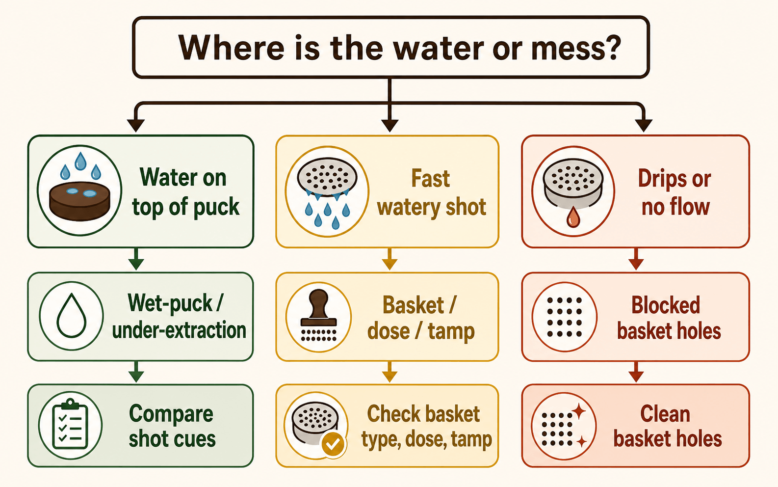 Decision map for diagnosing a wet or muddy Bambino Plus puck by location, shot flow, basket change, and cleaning status.