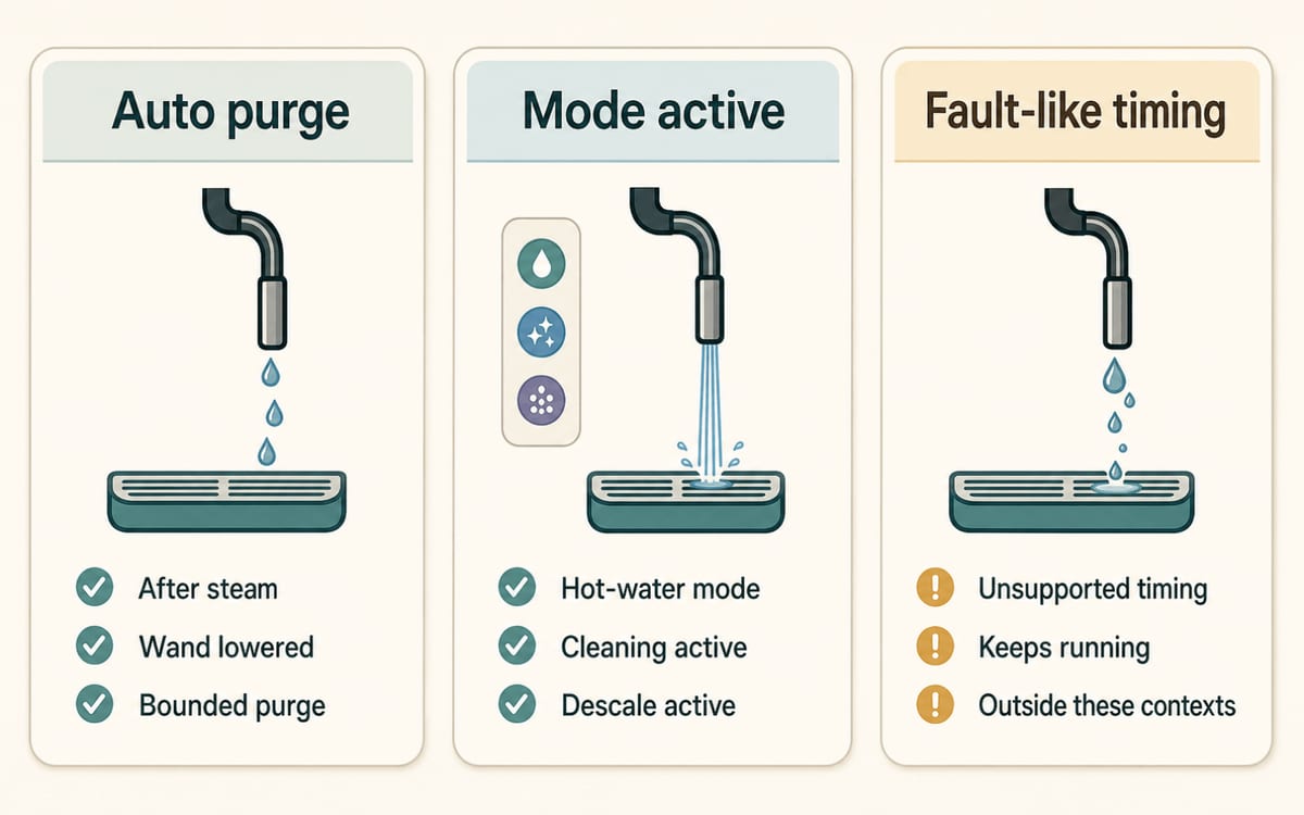 Decision map showing when Bambino Plus steam wand water can be normal purge behavior versus when to escalate.
