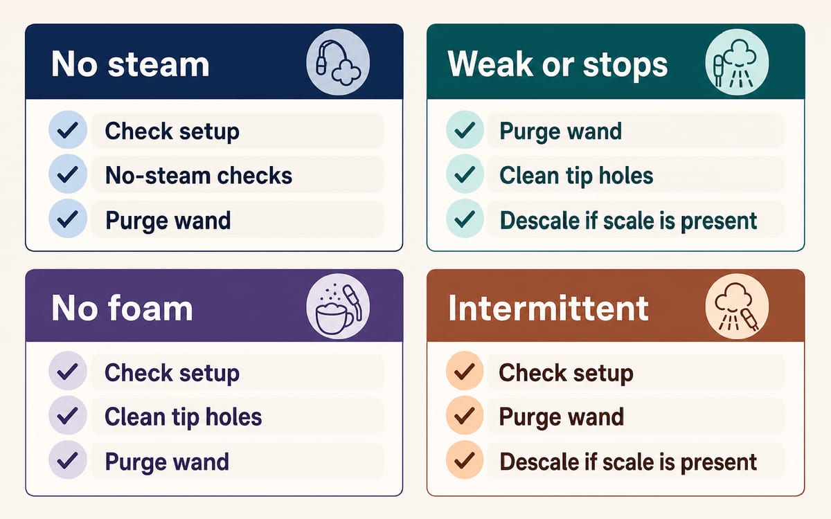 Decision tree for classifying Bambino Plus steam wand symptoms before troubleshooting.