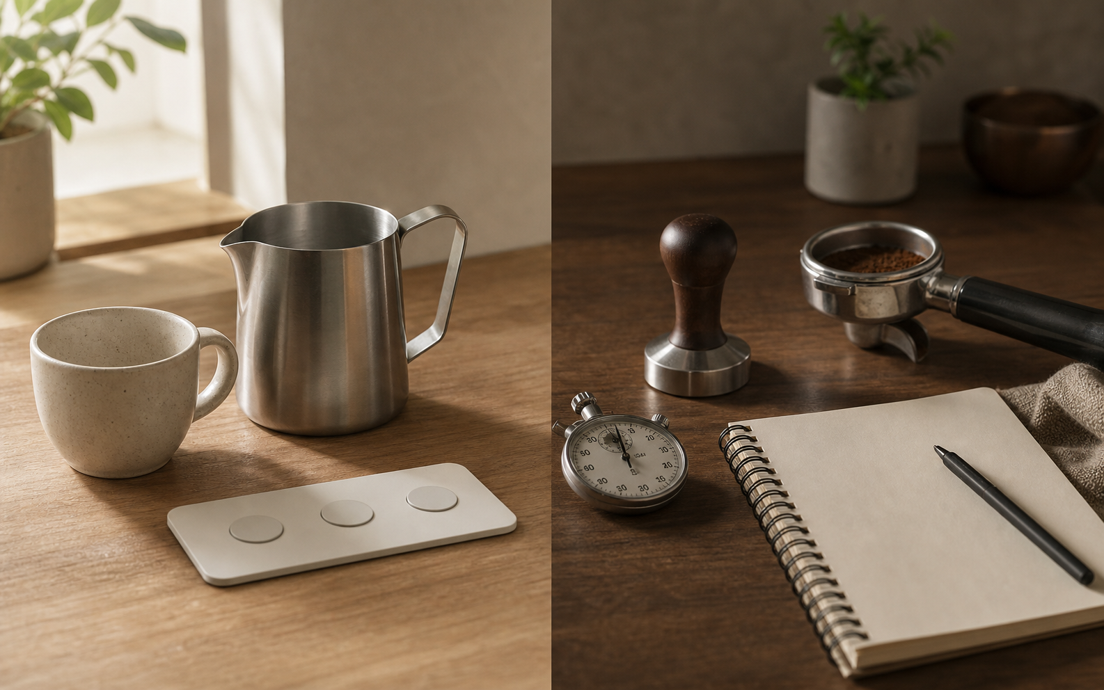 Split coffee-counter scene with milk convenience items on one side and manual espresso tools on the other, without showing espresso machines.