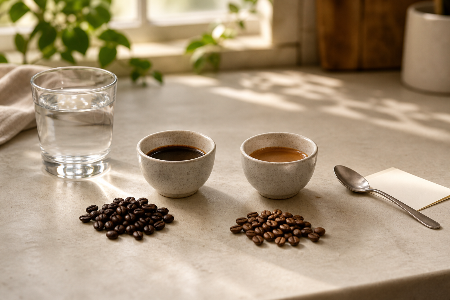 Two small espresso cups, light and dark coffee bean piles, water glass, spoon, and blank note card on a kitchen counter, with no machine shown.