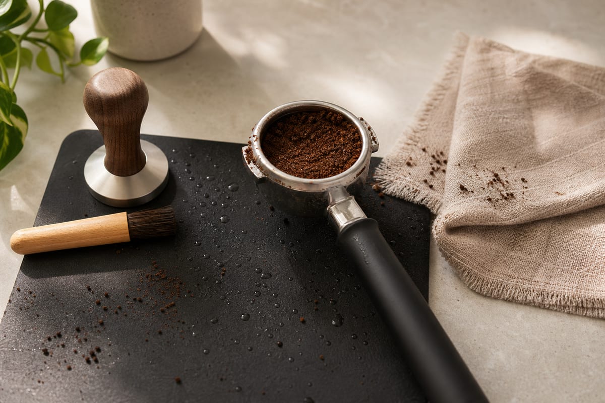 Generic portafilter basket with coffee grounds, tamper, brush, towel, and water droplets on a tamping mat, with no espresso machine shown.