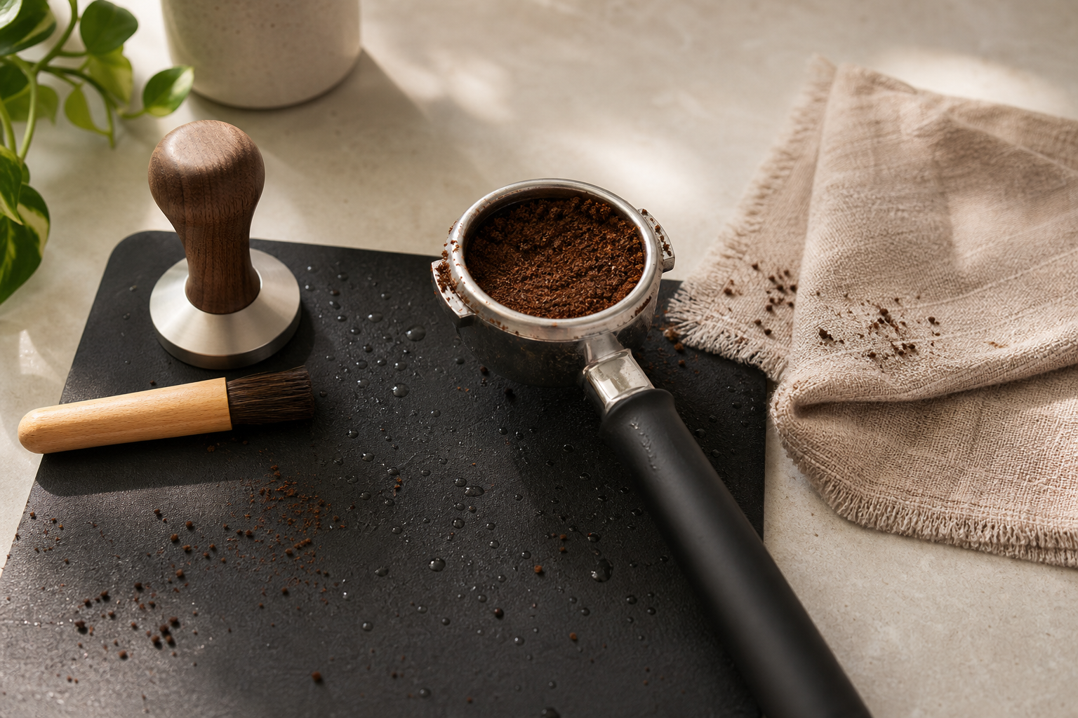 Generic portafilter basket with coffee grounds, tamper, brush, towel, and water droplets on a tamping mat, with no espresso machine shown.