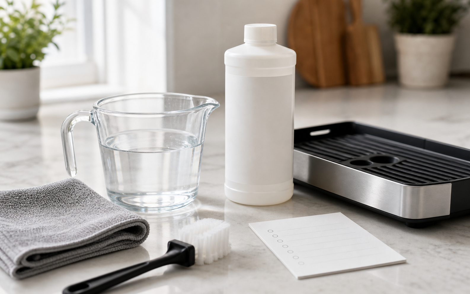Cleaning setup with a measuring cup of water, blank descaling bottle, brush, cloth, tray, and blank checklist, with no espresso machine shown.