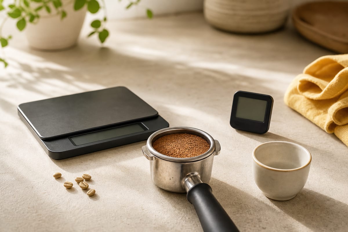 Generic portafilter basket with light coffee grounds, blank scale and timer, small cup, pale beans, and yellow cloth, with no espresso machine shown.