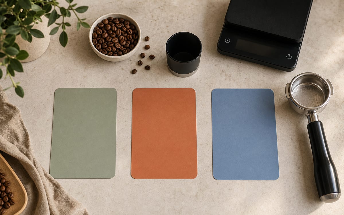Coffee counter flat lay with a portafilter, beans, scale, dosing cup, and three blank colored decision cards, with no grinder product shown.