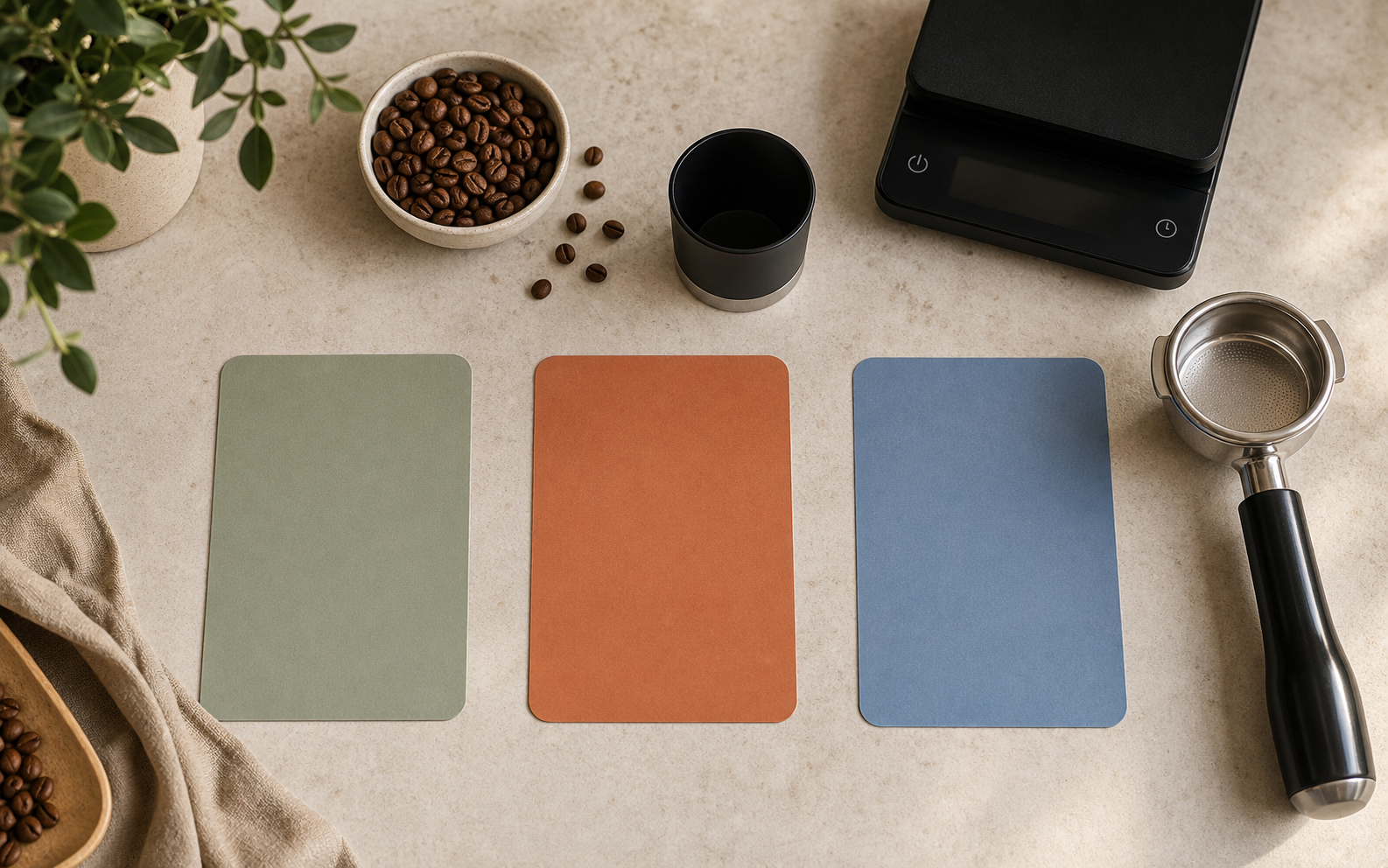 Coffee counter flat lay with a portafilter, beans, scale, dosing cup, and three blank colored decision cards, with no grinder product shown.