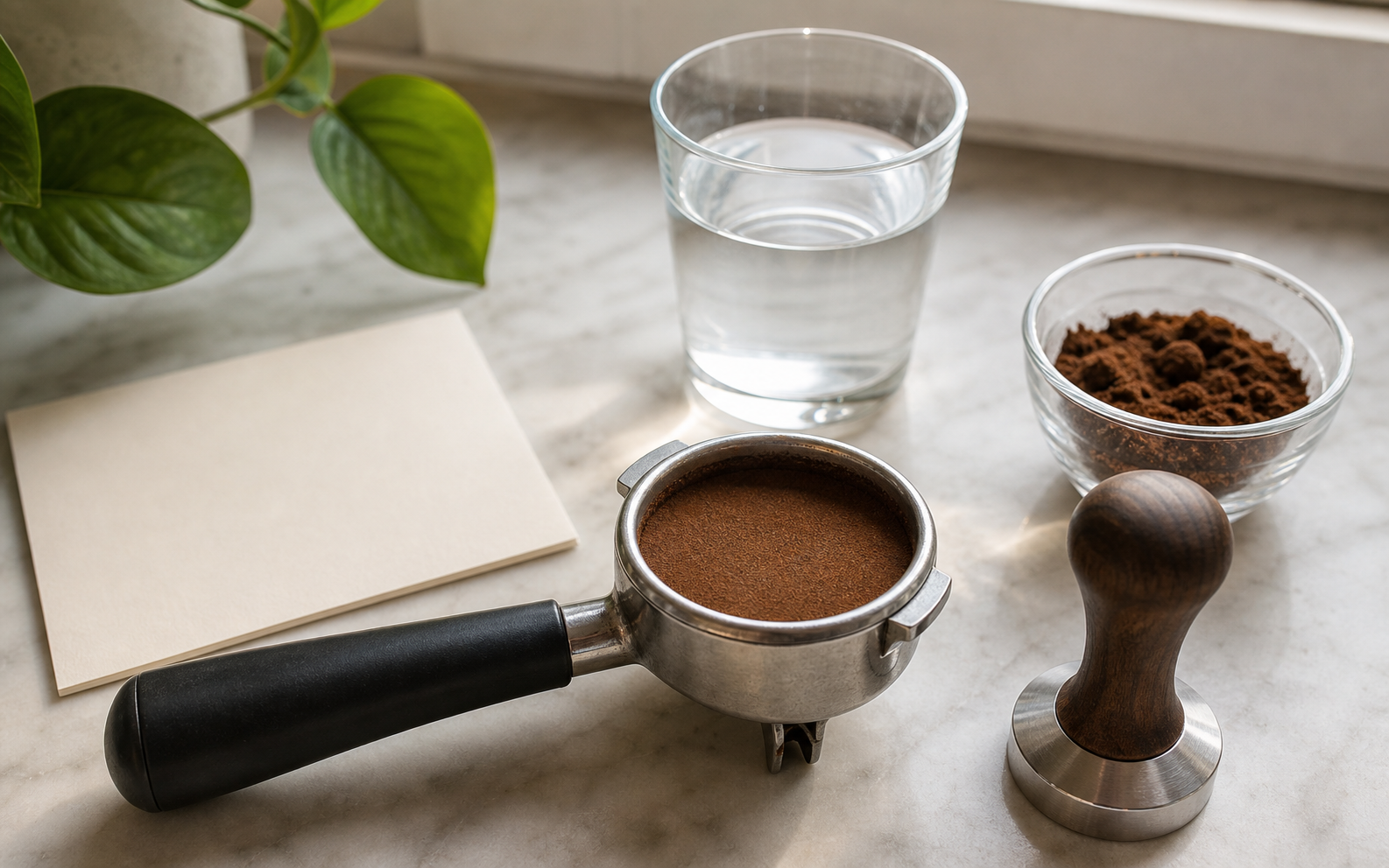 Portafilter basket with a prepared coffee puck, tamper, coffee grounds, water glass, and blank note card, with no espresso machine shown.