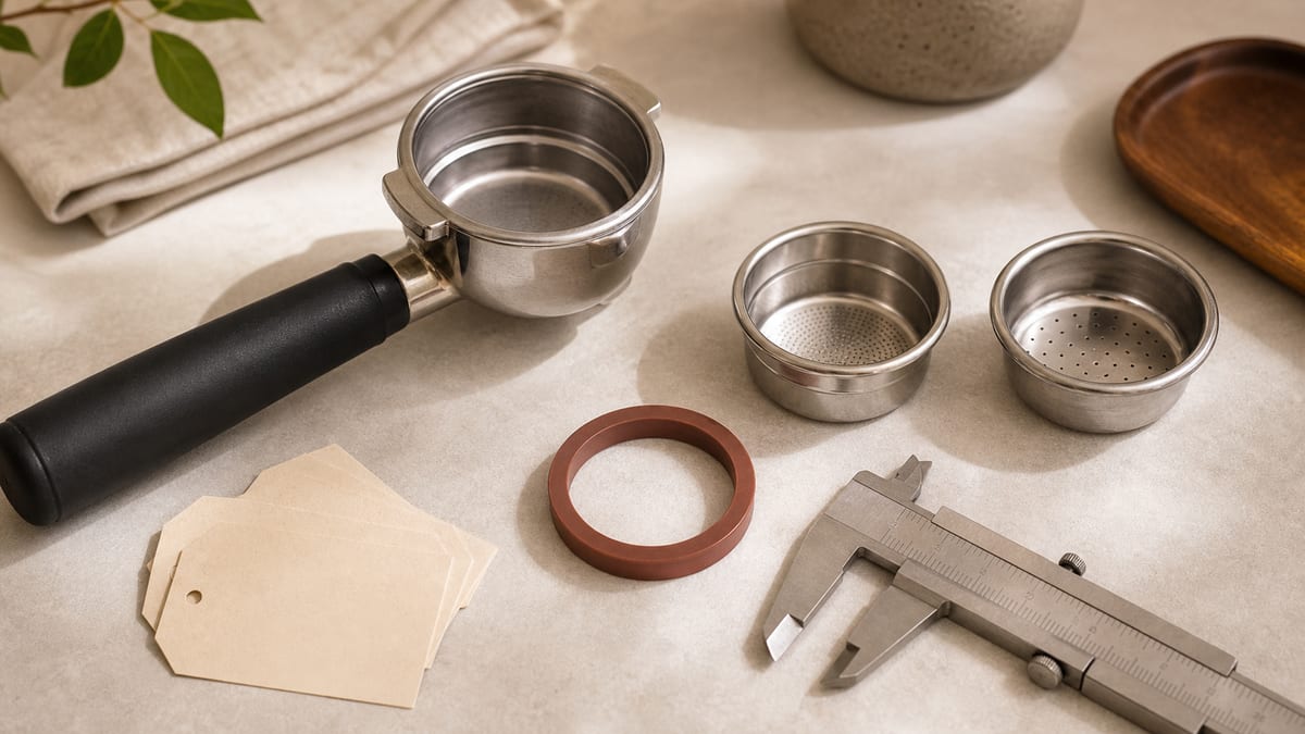 Generic portafilter, loose filter baskets, gasket ring, caliper, and blank paper tags arranged as an accessory fit-check workspace.