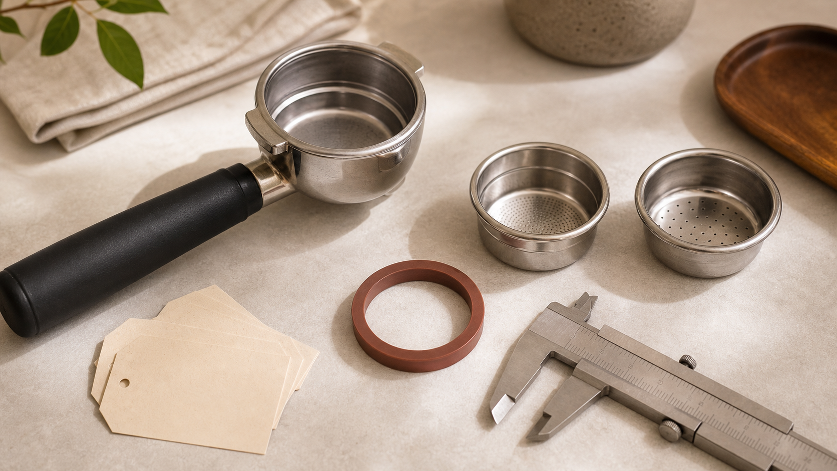 Generic portafilter, loose filter baskets, gasket ring, caliper, and blank paper tags arranged as an accessory fit-check workspace.