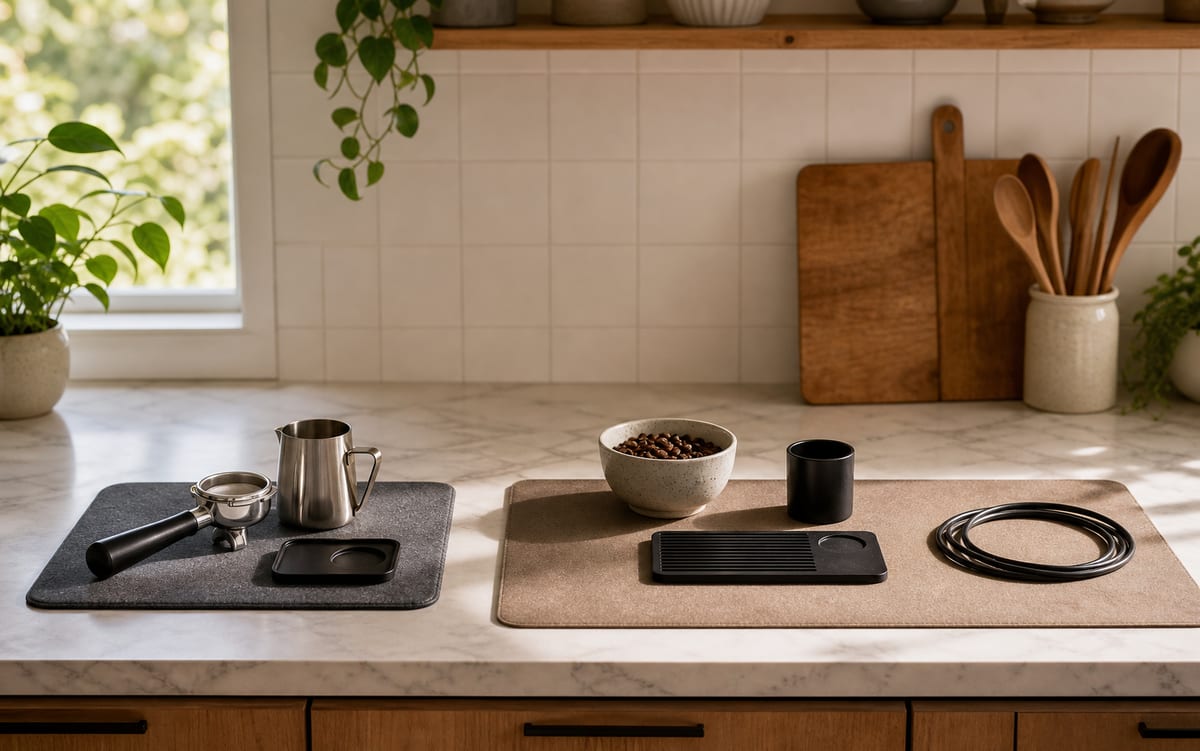 Kitchen counter with two empty setup zones, coffee tools, beans, and counter-space markers, without espresso machines or grinders.