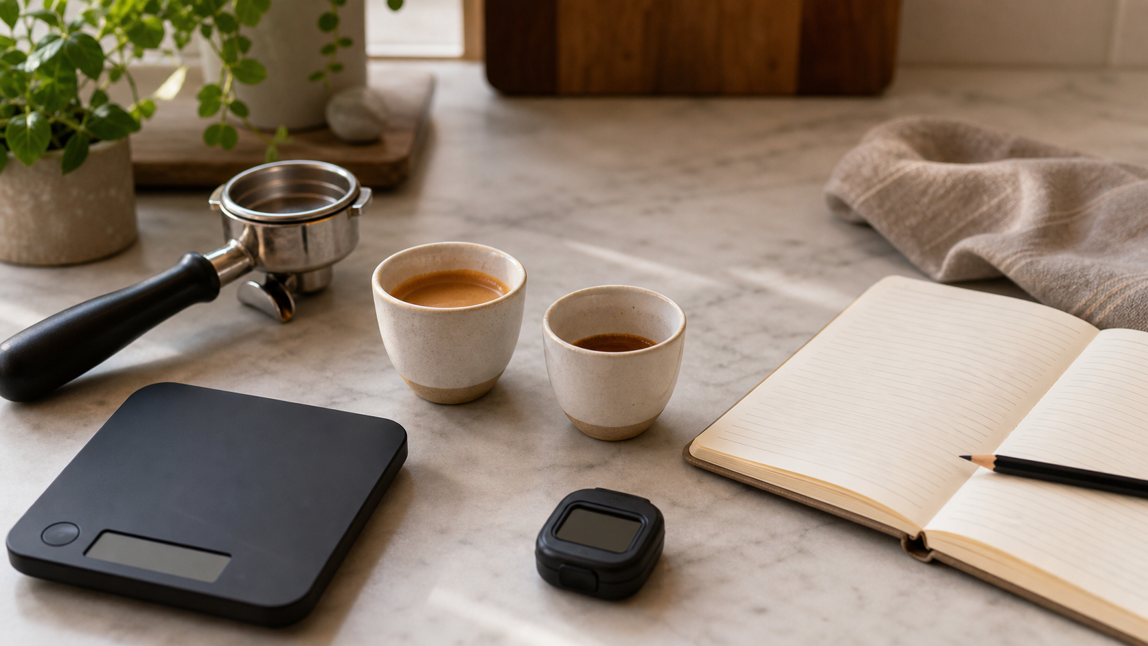 Two small espresso cups with different fill levels, generic portafilter basket, blank scale, blank timer, and open notebook on a kitchen counter.